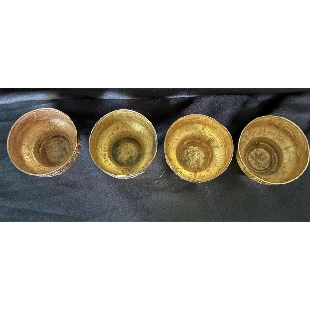 Vintage Brass Tea Set Engraved Coffee Pot & 4 Cups Moroccan Mediterranean Decor